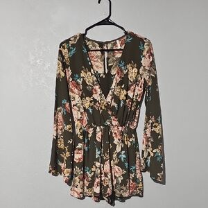 Sage Black and Pink Floral Long Sleeve Wrap Blouse